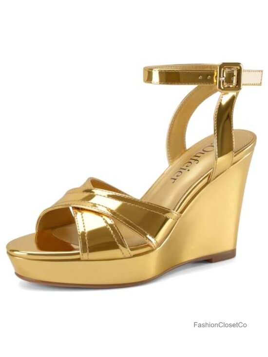 Shoes - Patent Leather Wedge Sandals - Peep Toe Slingback Ankle Strap Comfortable